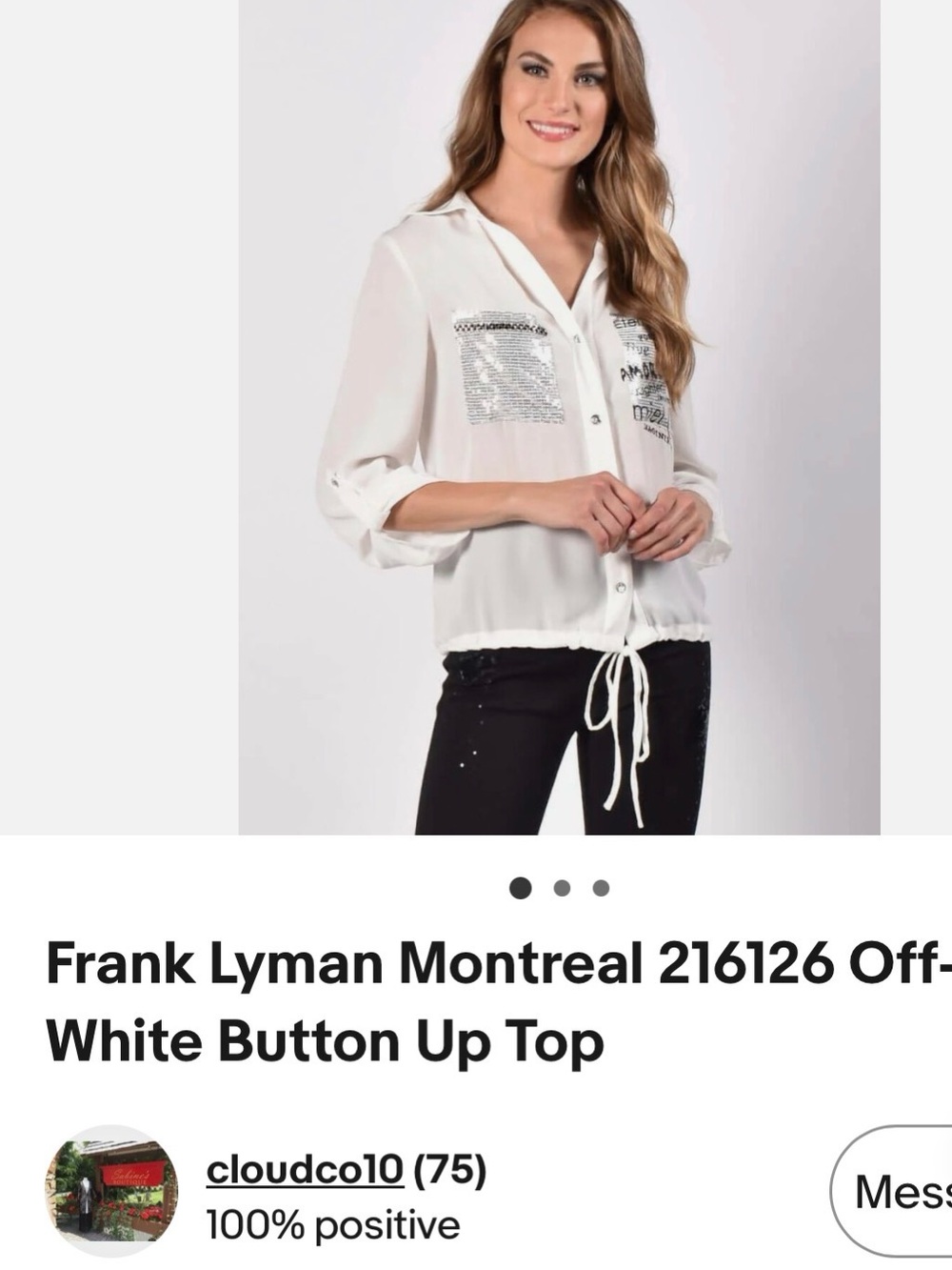 Frank Lyman Design Off-White Button Down Top with Sequin Pocket Details